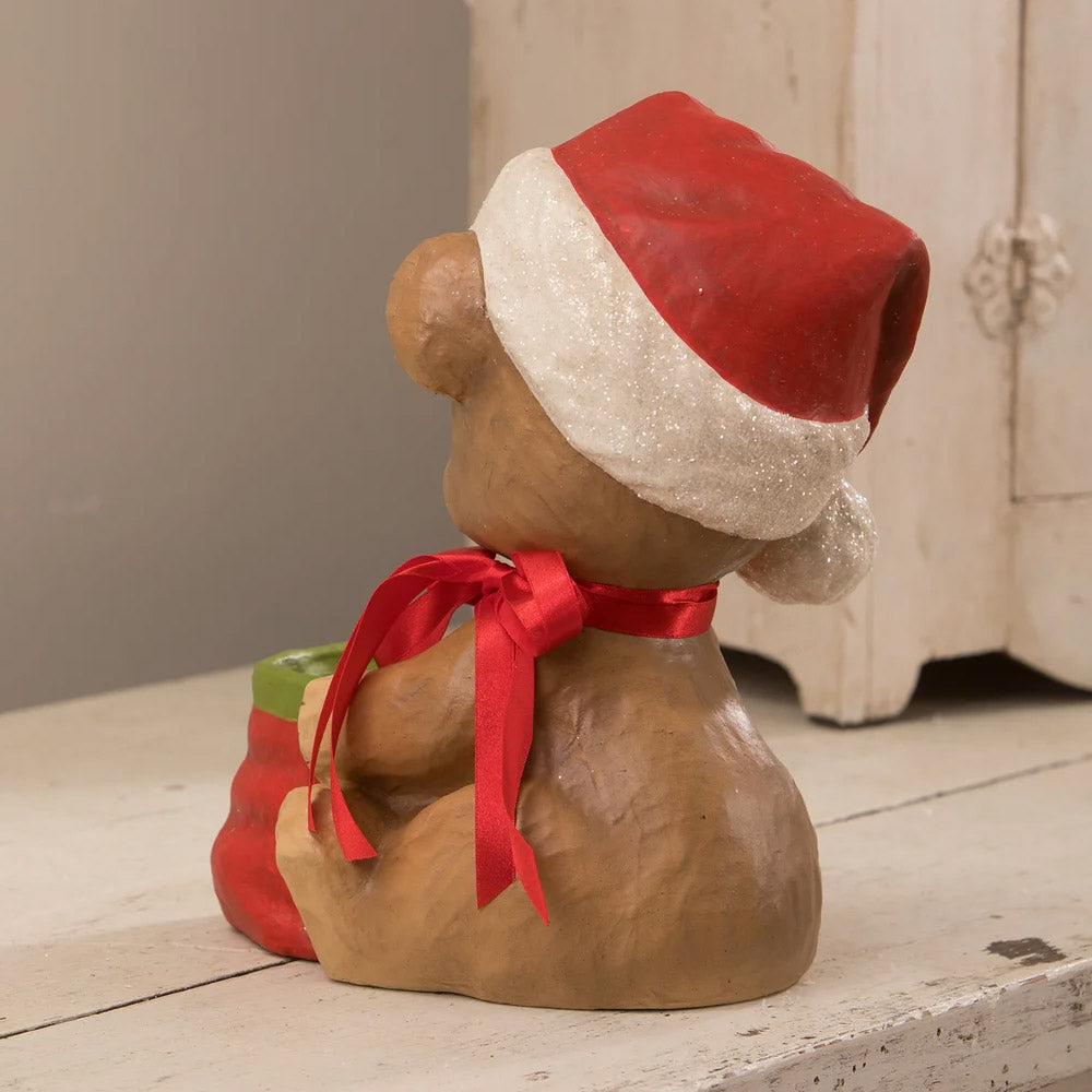 Christmas Surprise Bear Paper Mache Figurine by Bethany Lowe back style