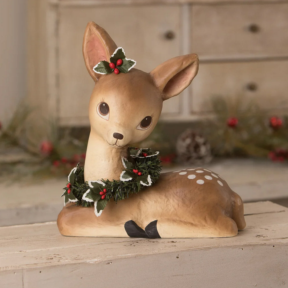 Sweet Fawn With Wreath Paper Mache Christmas Figurine by Bethany Lowe front style