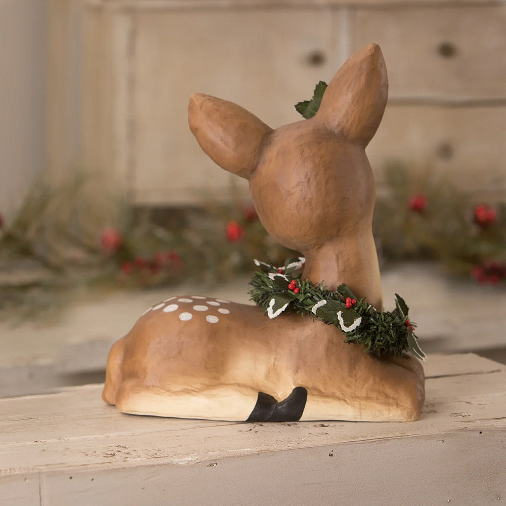 Sweet Fawn With Wreath Paper Mache Christmas Figurine by Bethany Lowe back style