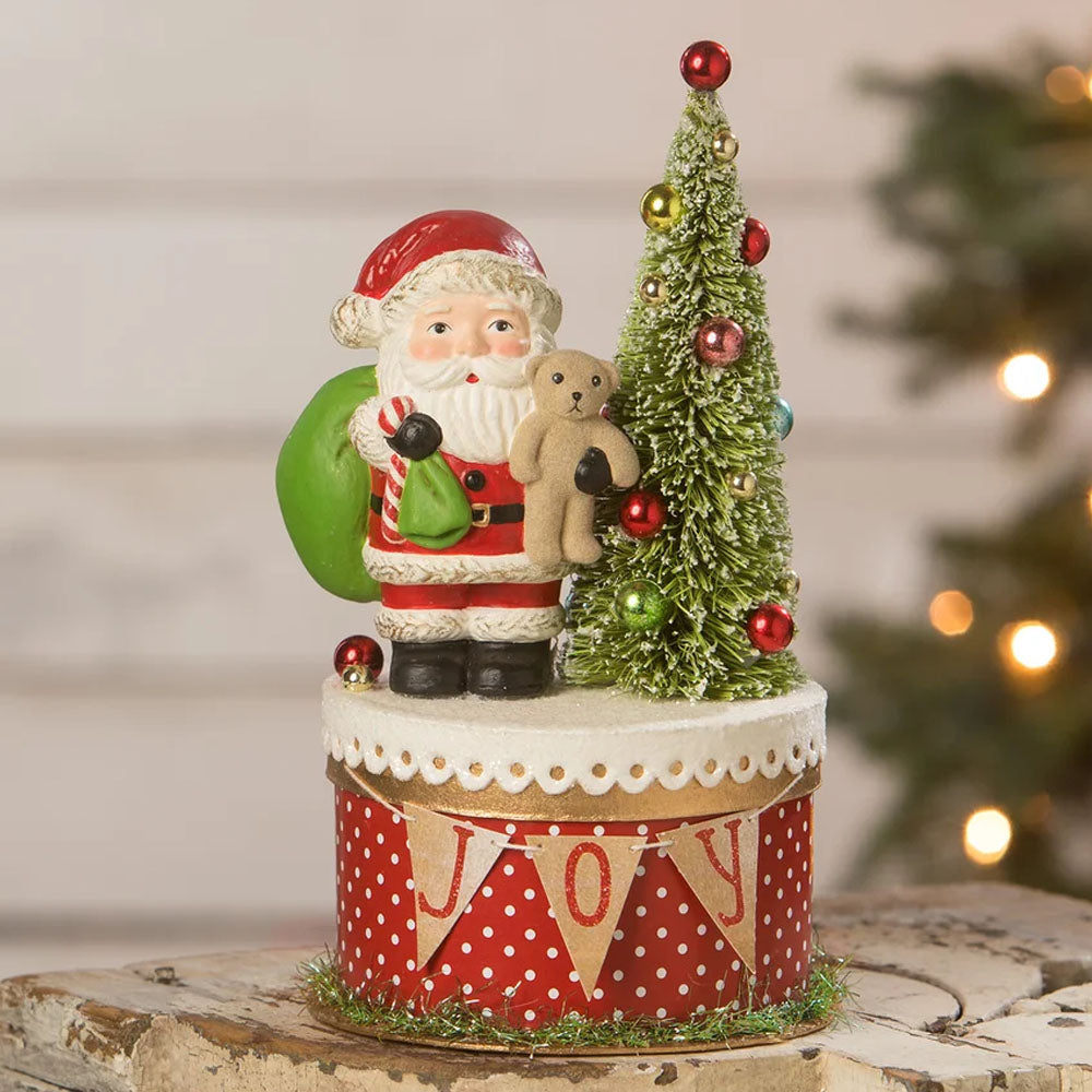 Joy Santa on Box Christmas Decor by Bethany Lowe Designs front style