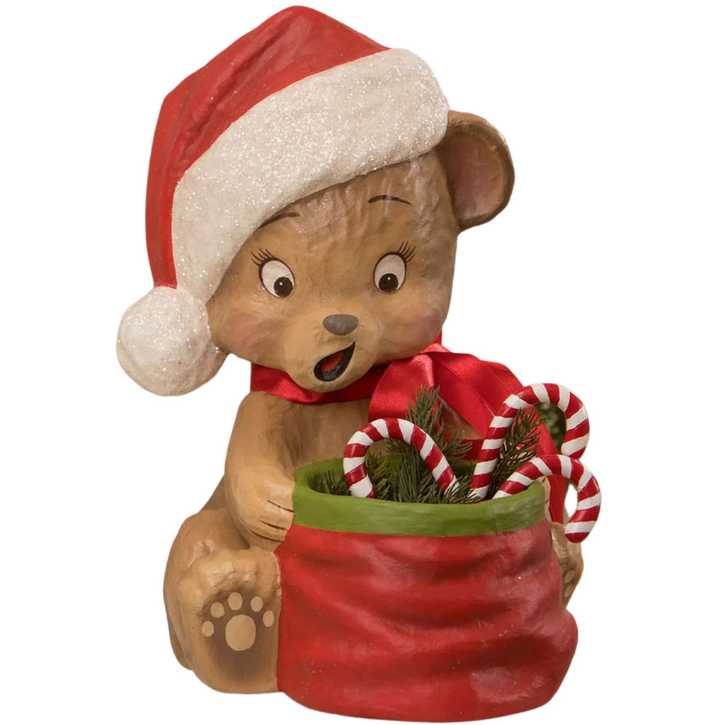 Christmas Surprise Bear Paper Mache Figurine by Bethany Lowe front