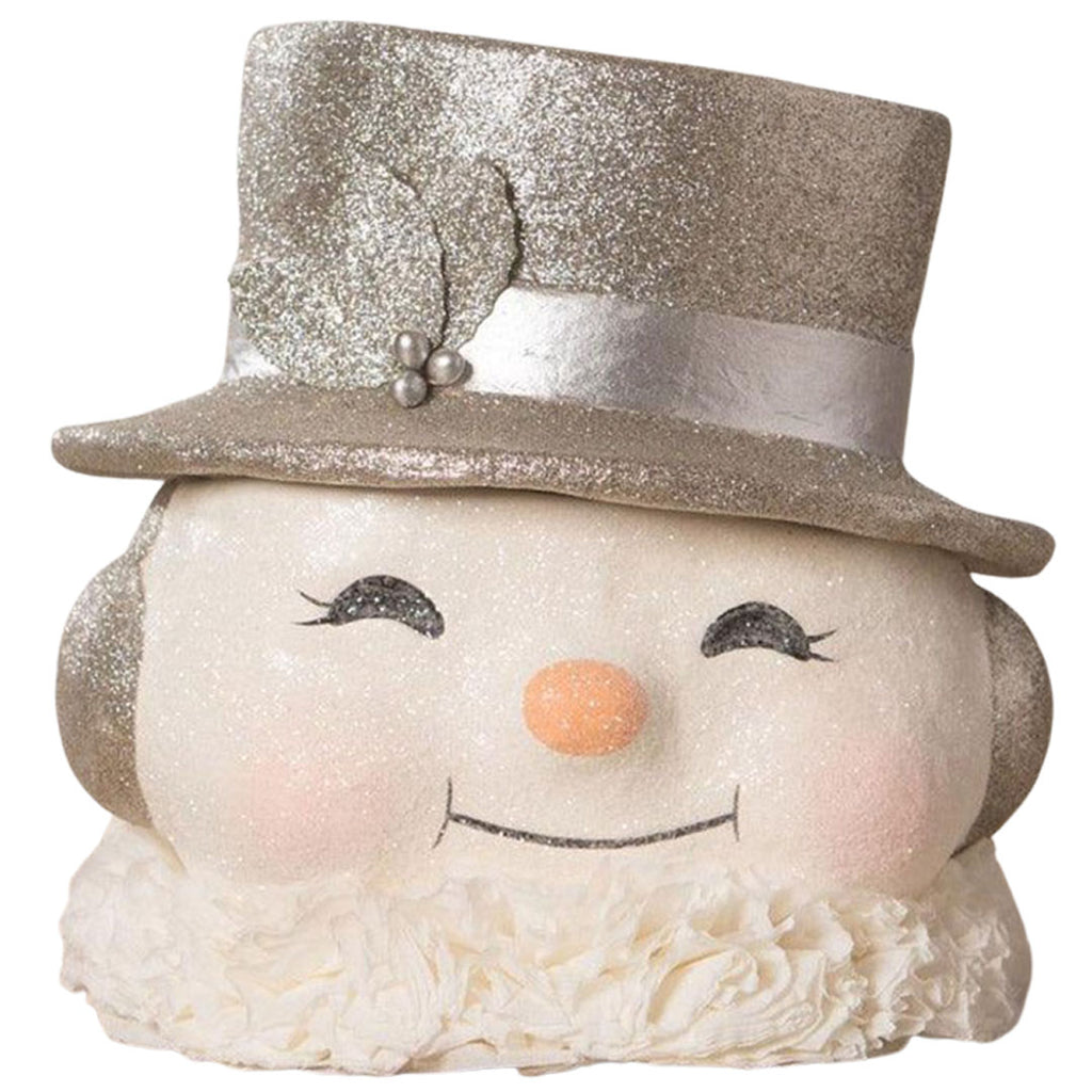 Happy Platinum Snowman Paper Mache Bucket Large front