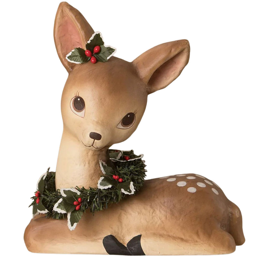 Sweet Fawn With Wreath Paper Mache Christmas Figurine by Bethany Lowe front