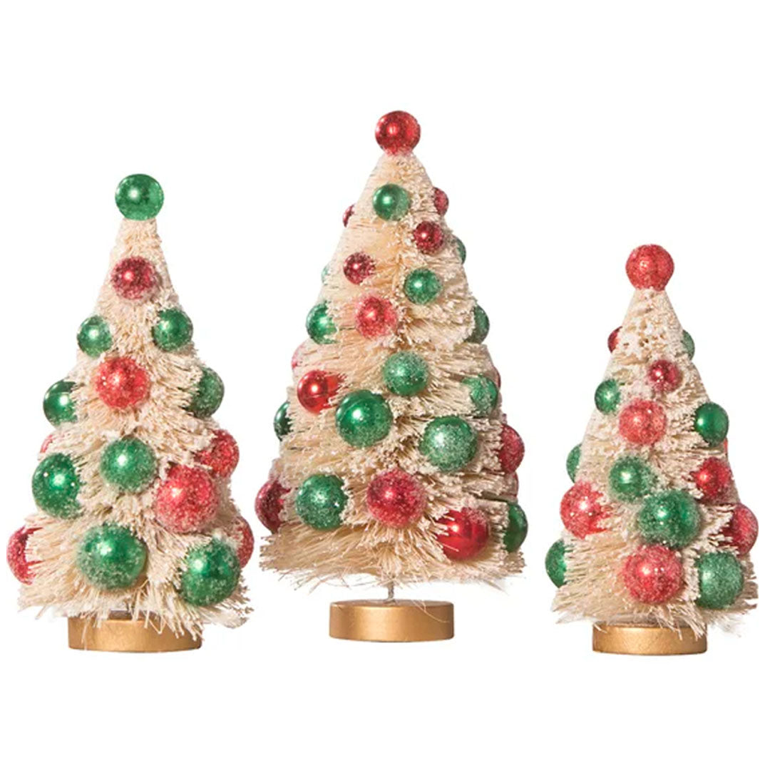 White Bottle Brush Trees with Red and Green Beads - Set of 3