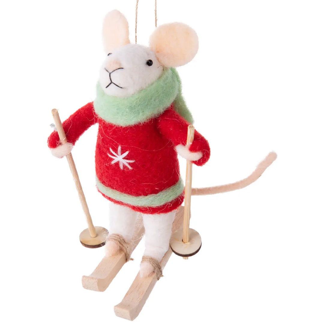 Mouse Skier with Red Sweater Felt Ornament 4.3" Cuddle Decor