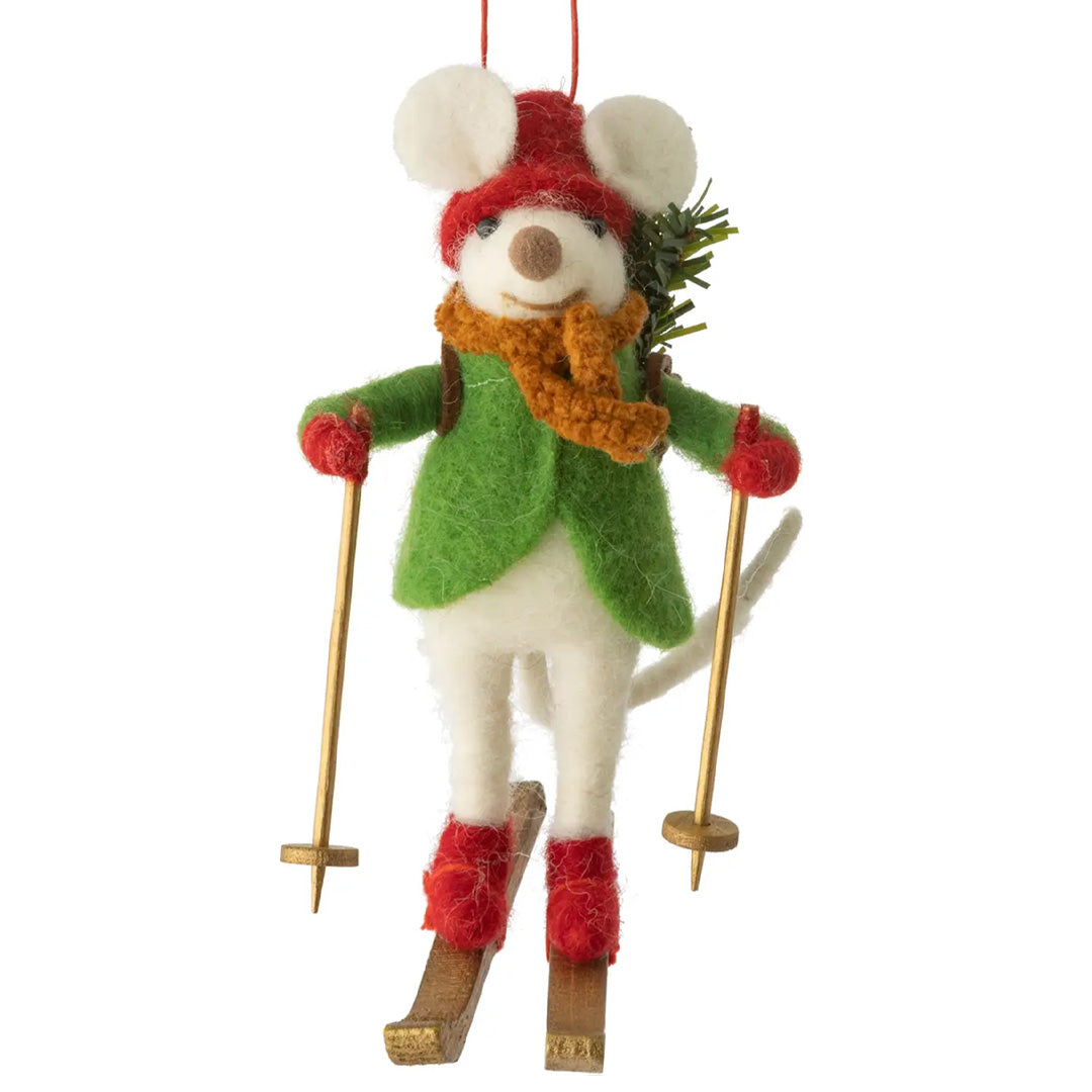 Mouse Skier Green Sweater Ornament