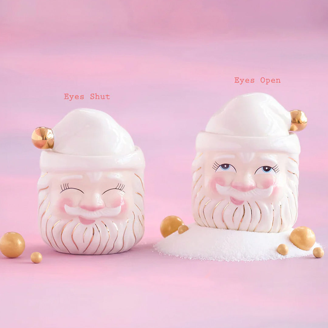 Glitterville Cream Papa Noel Mini Candy Jar Eyes Open