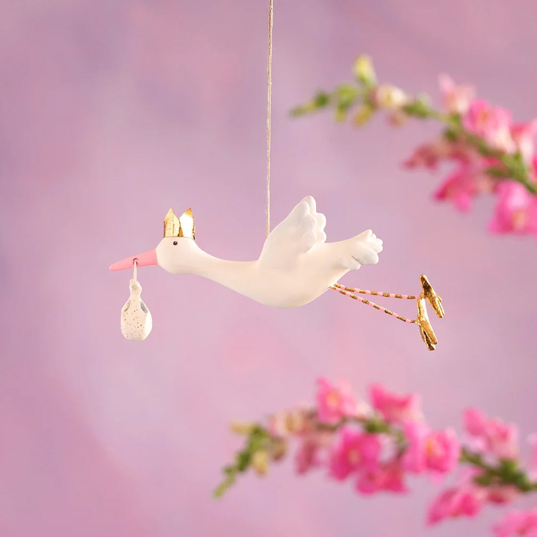 Cuddle Decor Glitterville Flying Pink Stork Ornament 7.5"