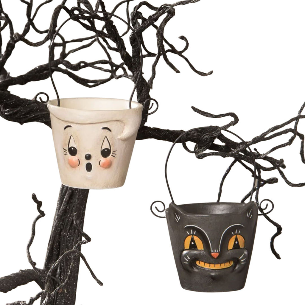 Boo & Cat Teeny Halloweenie Pail Ornaments Folk Art by Johanna Parker front