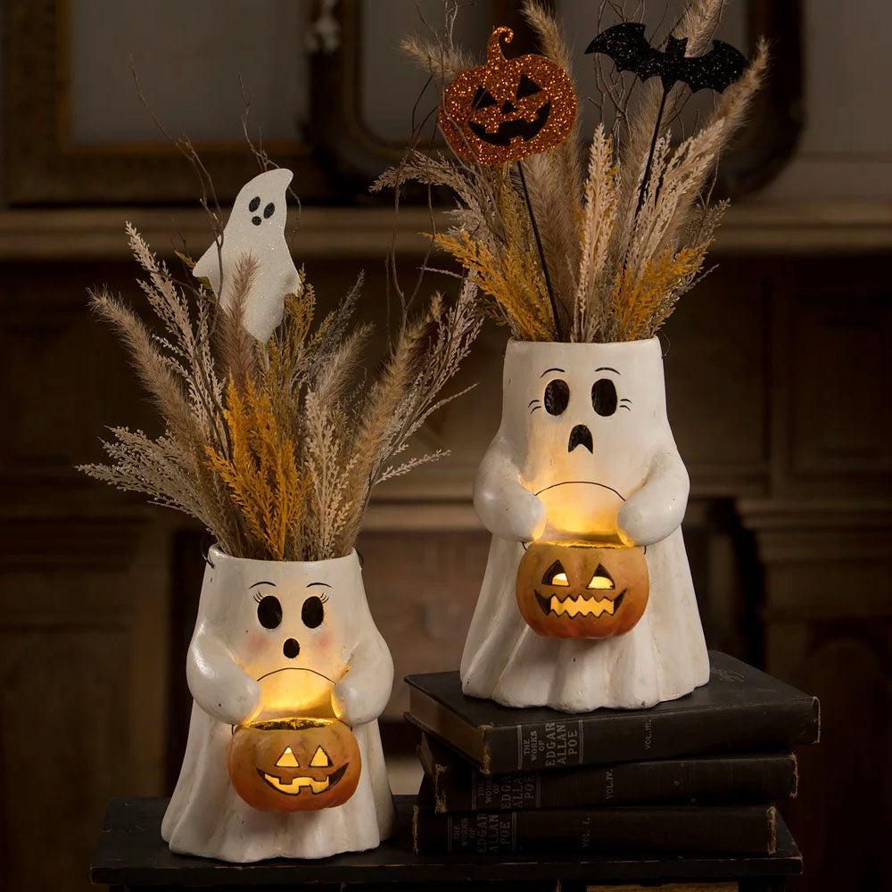 Scaredy Boo With Pumpkin Bucket Paper Mache by Bethany Lowe Designs set 1
