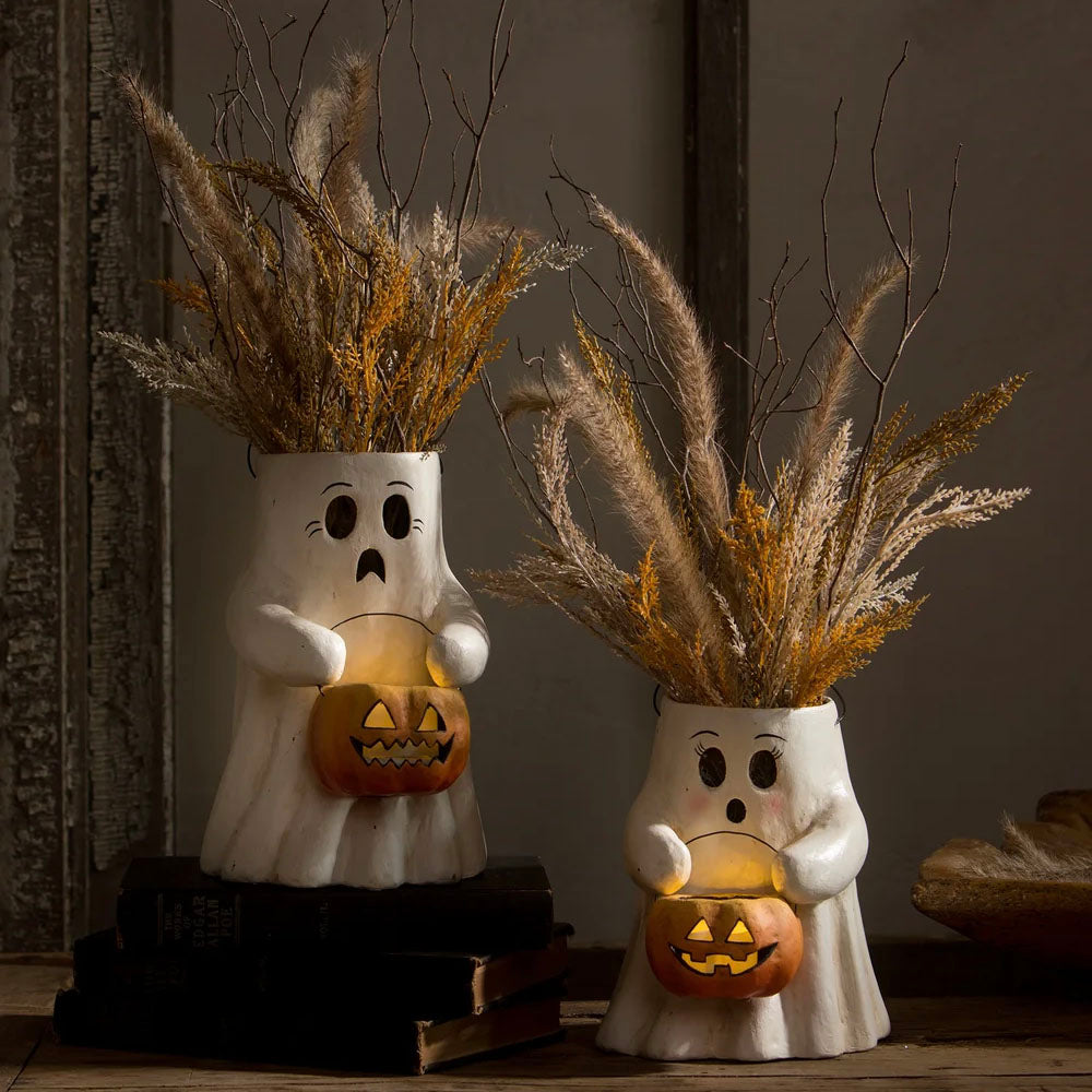 Scaredy Boo With Pumpkin Bucket Paper Mache by Bethany Lowe Designs set 2