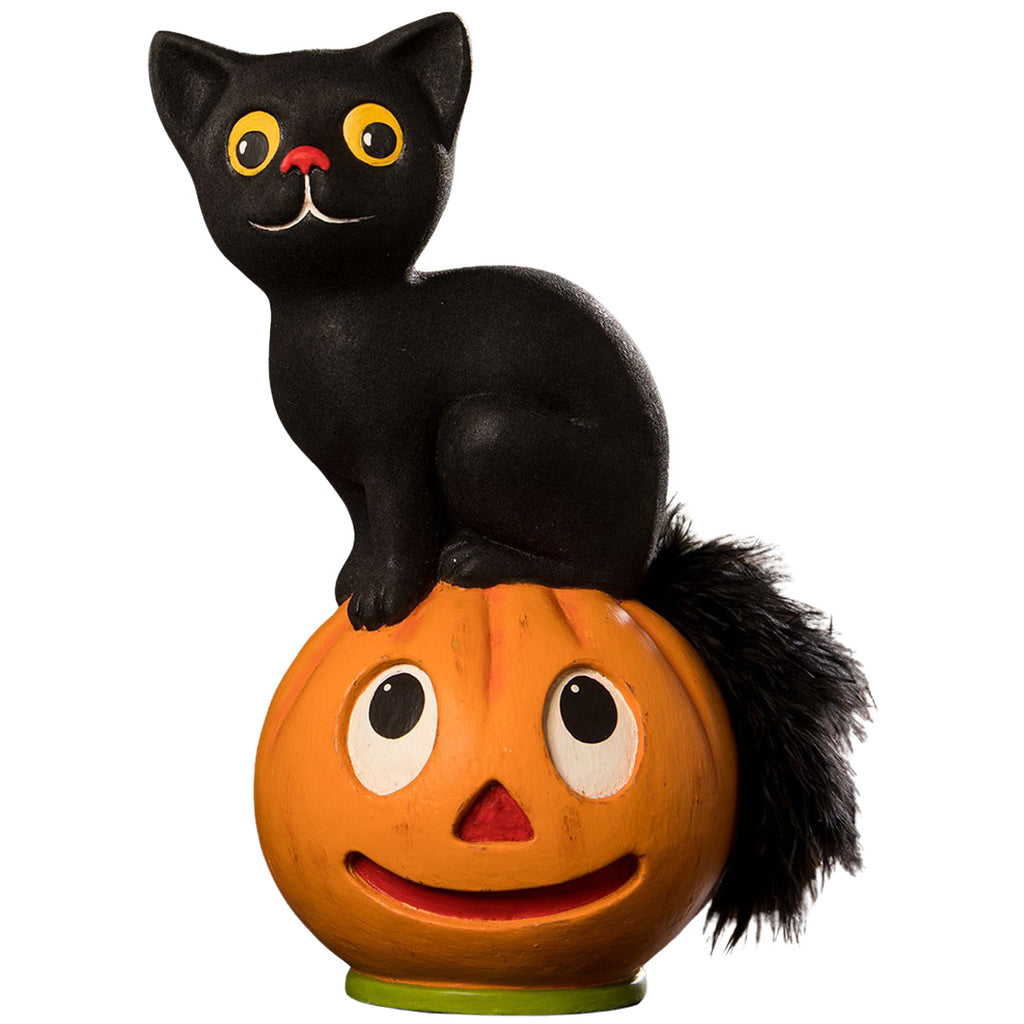 Bethany Lowe Vintage Seated Cat on Pumpkin front