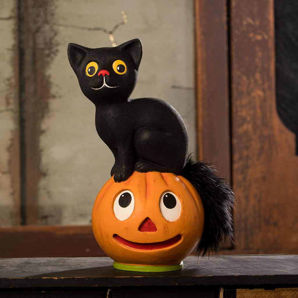 Bethany Lowe Vintage Seated Cat on Pumpkin front life style