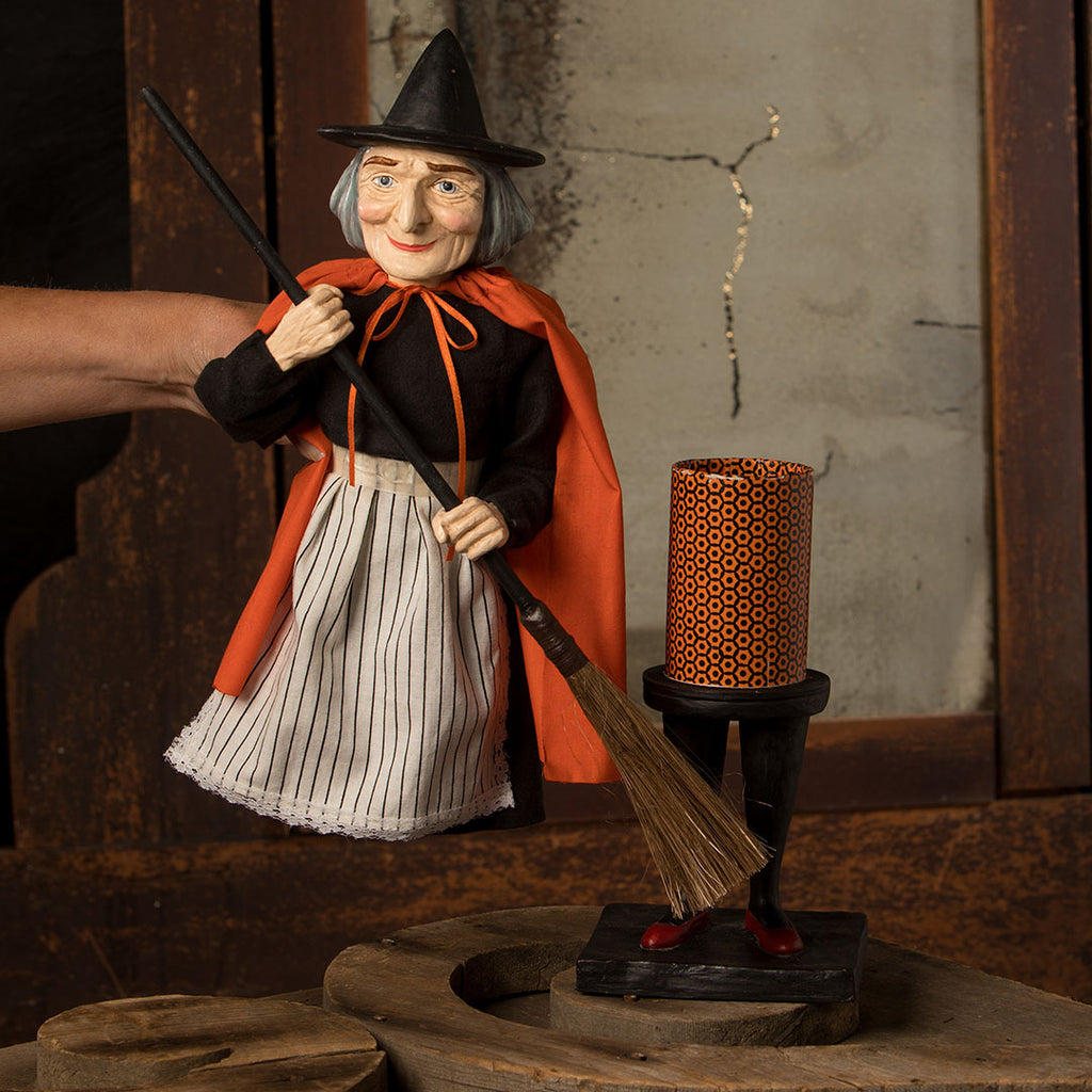Bethany Lowe Vintage Witch with Broom Container opened