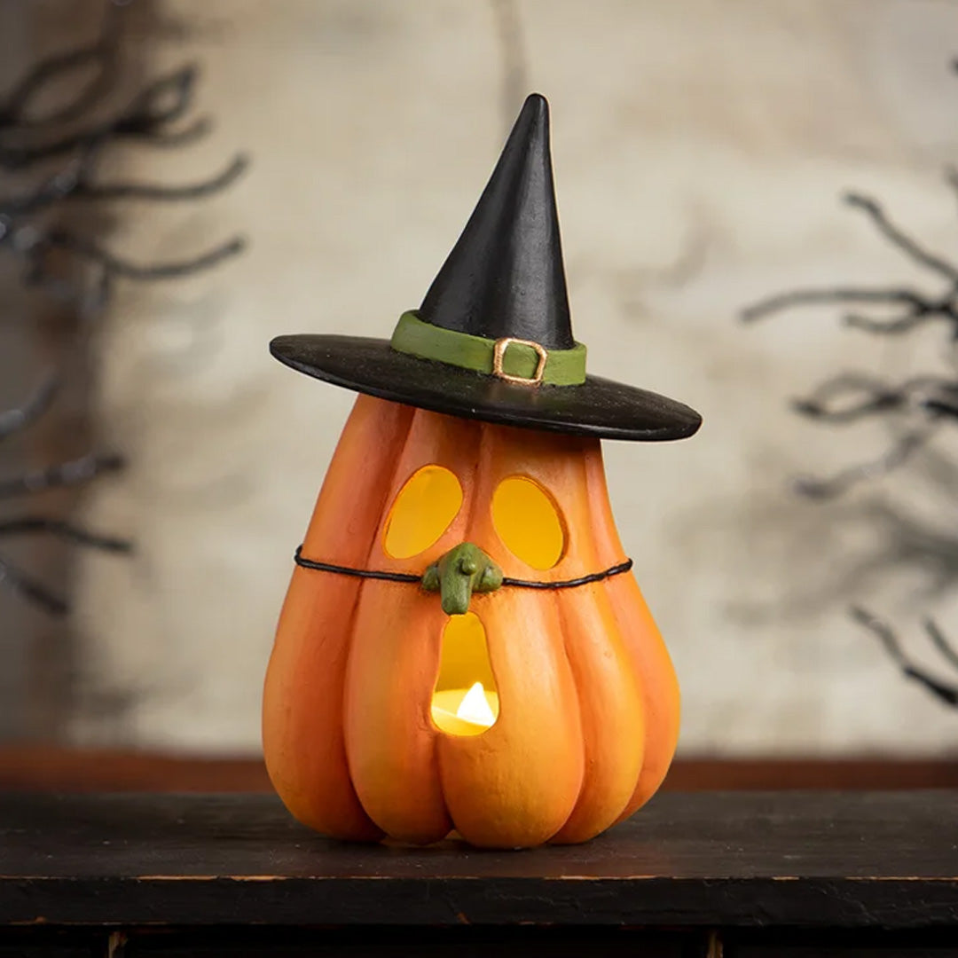 Bethany Lowe Pumpkin Witch Luminary front lifestyle ligheted