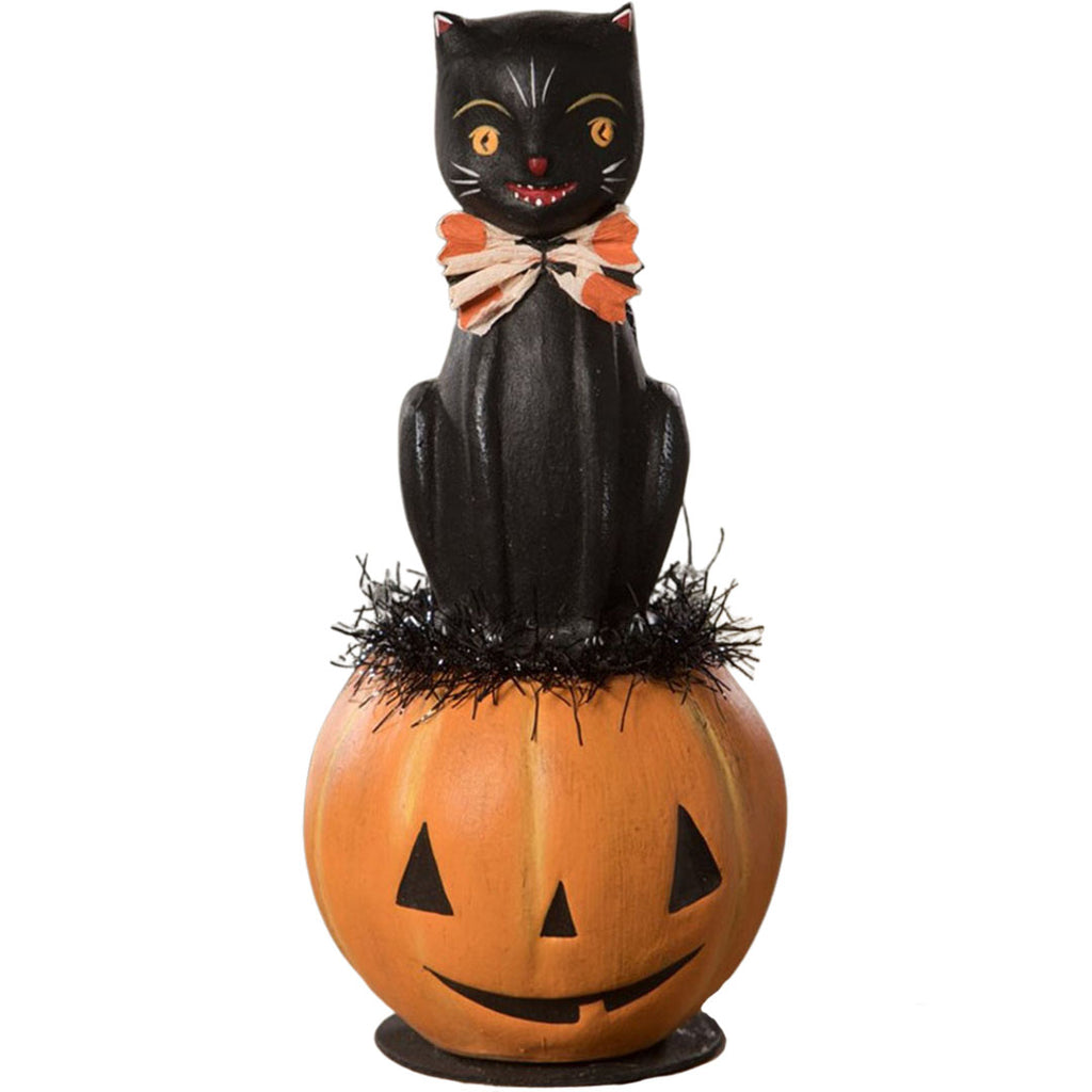 Kitty on Jack O'Lantern Folk Art Figurine front