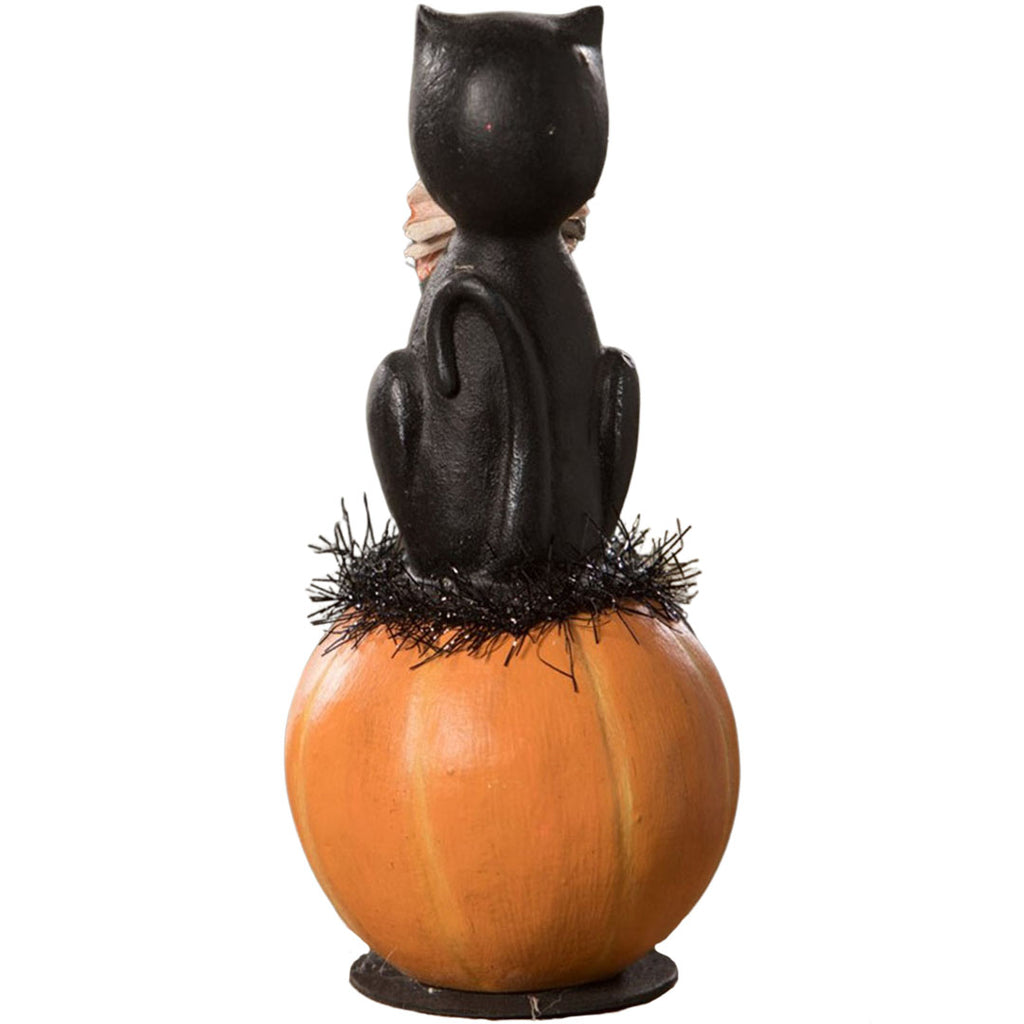 Kitty on Jack O'Lantern Folk Art Figurine back