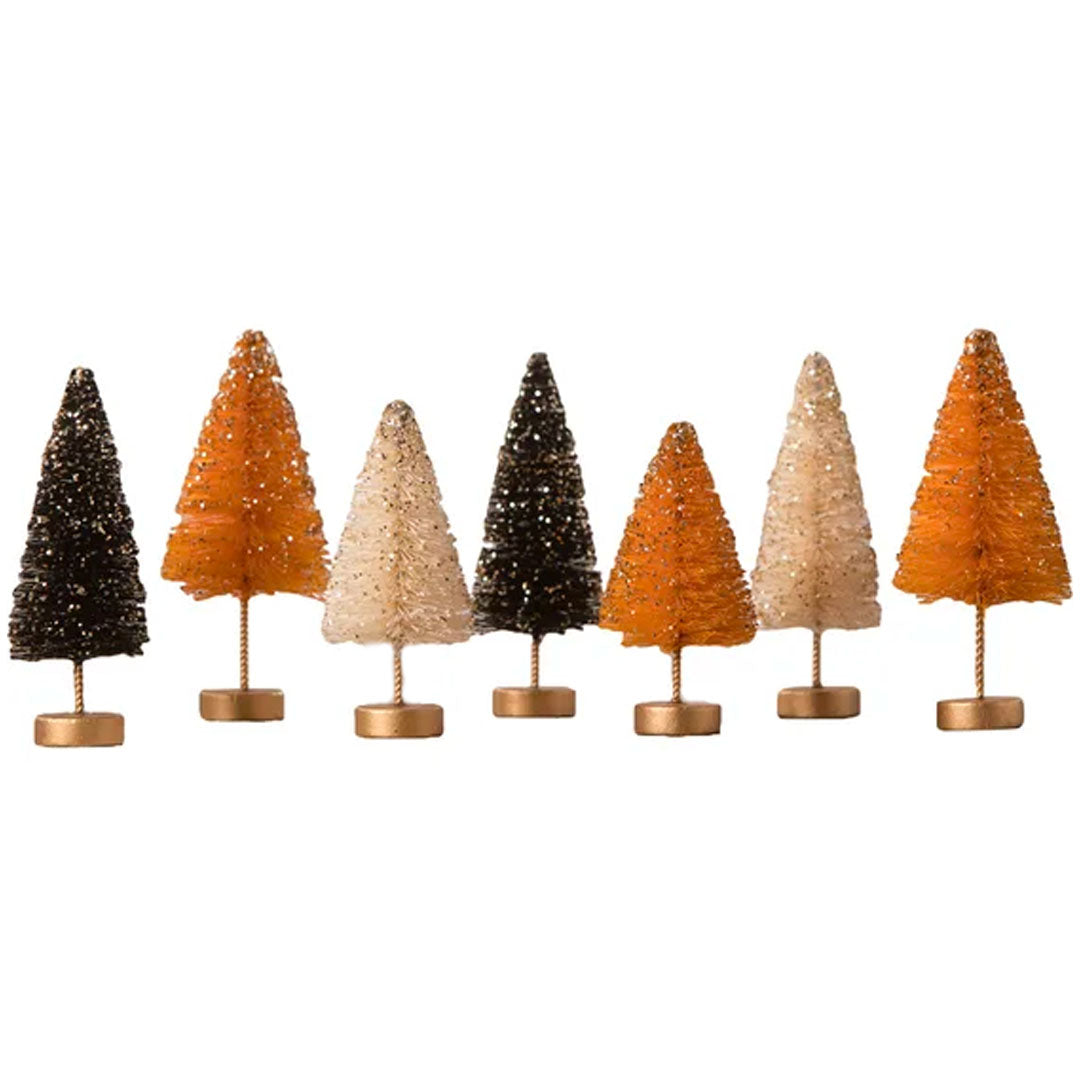 Mini Halloween Bottle Brush Trees with Gold Glitter - Set of 7
