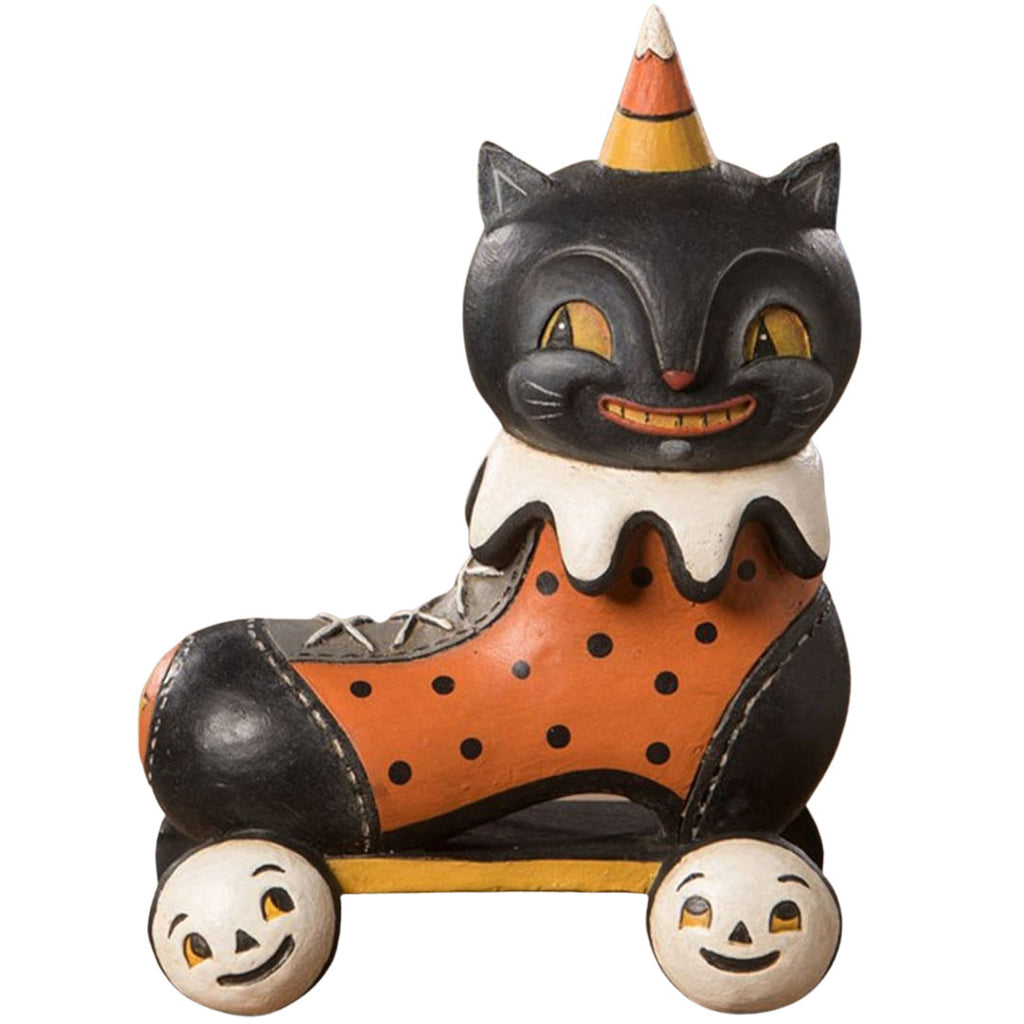 Roller Spook Cat Scooter Folk Art Figurine by Johanna Parker front