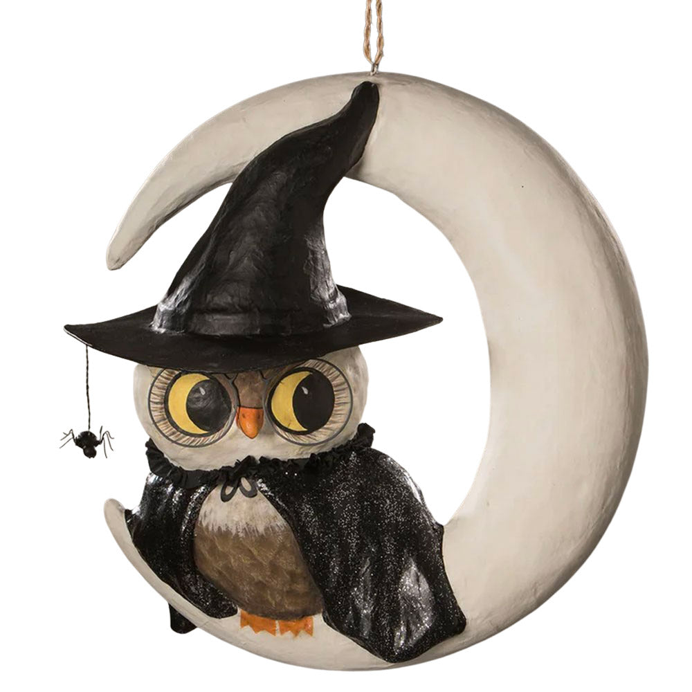 Witchy Owl On Moon Paper Mache Large Ornament Bethany Lowe front