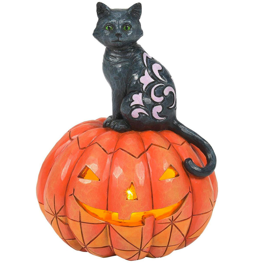 Jim Shore Black Cat on Pumpkin LED Figure front