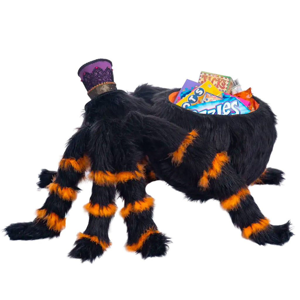 Halloween Hollow Fluffy Spider Bowl by Katherine's Collection  side filled with candies