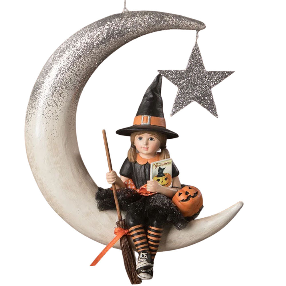 Little Fraya Witch on Moon Halloween Ornament by Bethany Lowe front