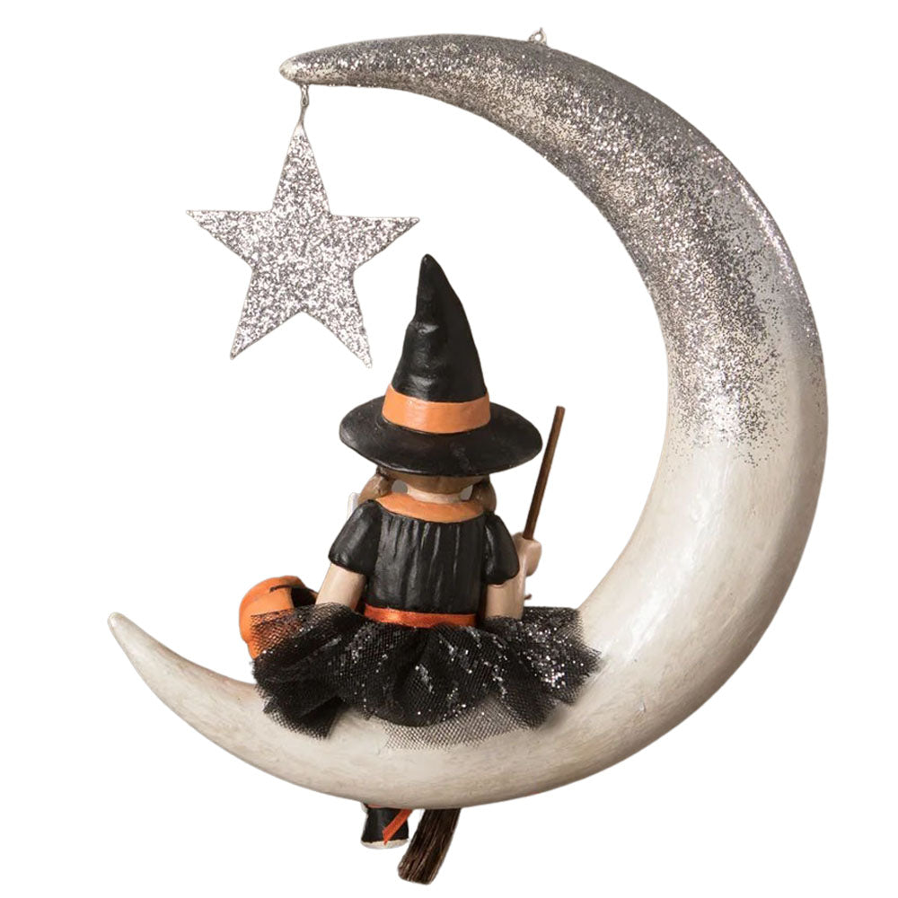 Little Fraya Witch on Moon Halloween Ornament by Bethany Lowe back