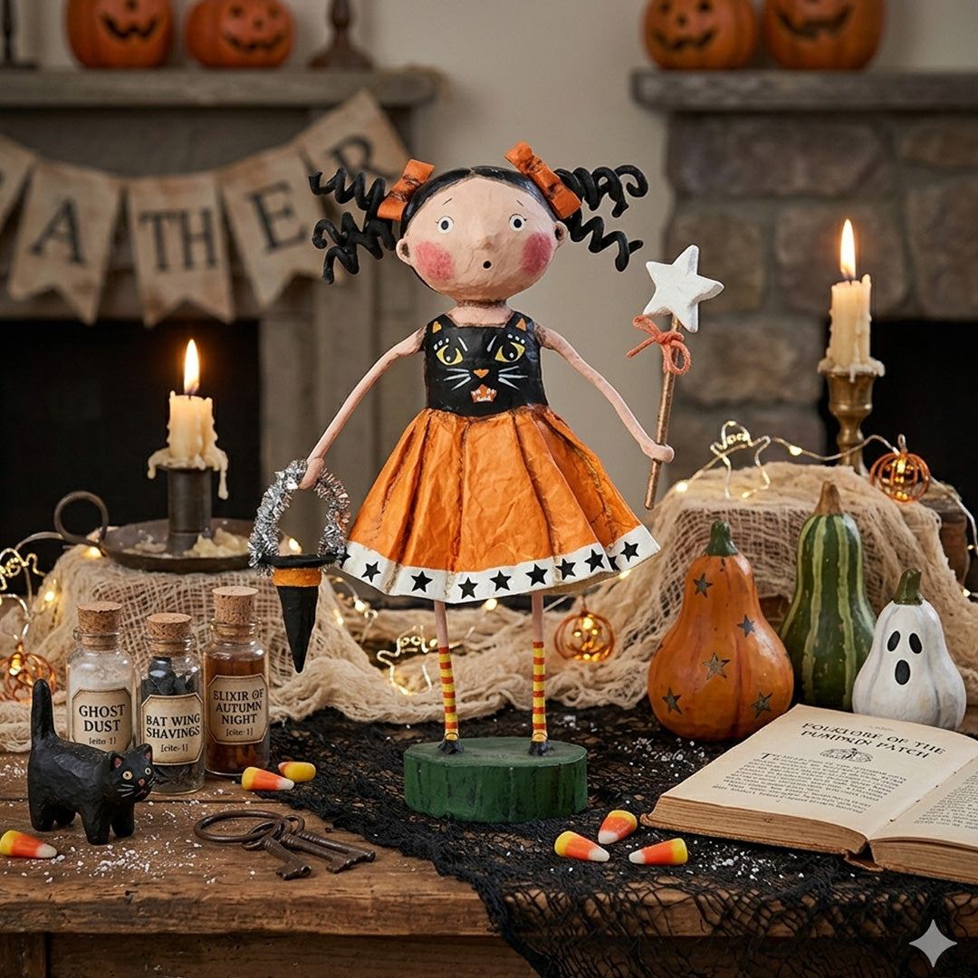 Cuddle Decor Cat's Meow Halloween Figurine by Lori Mitchell, Halloween Figurine lifestyle