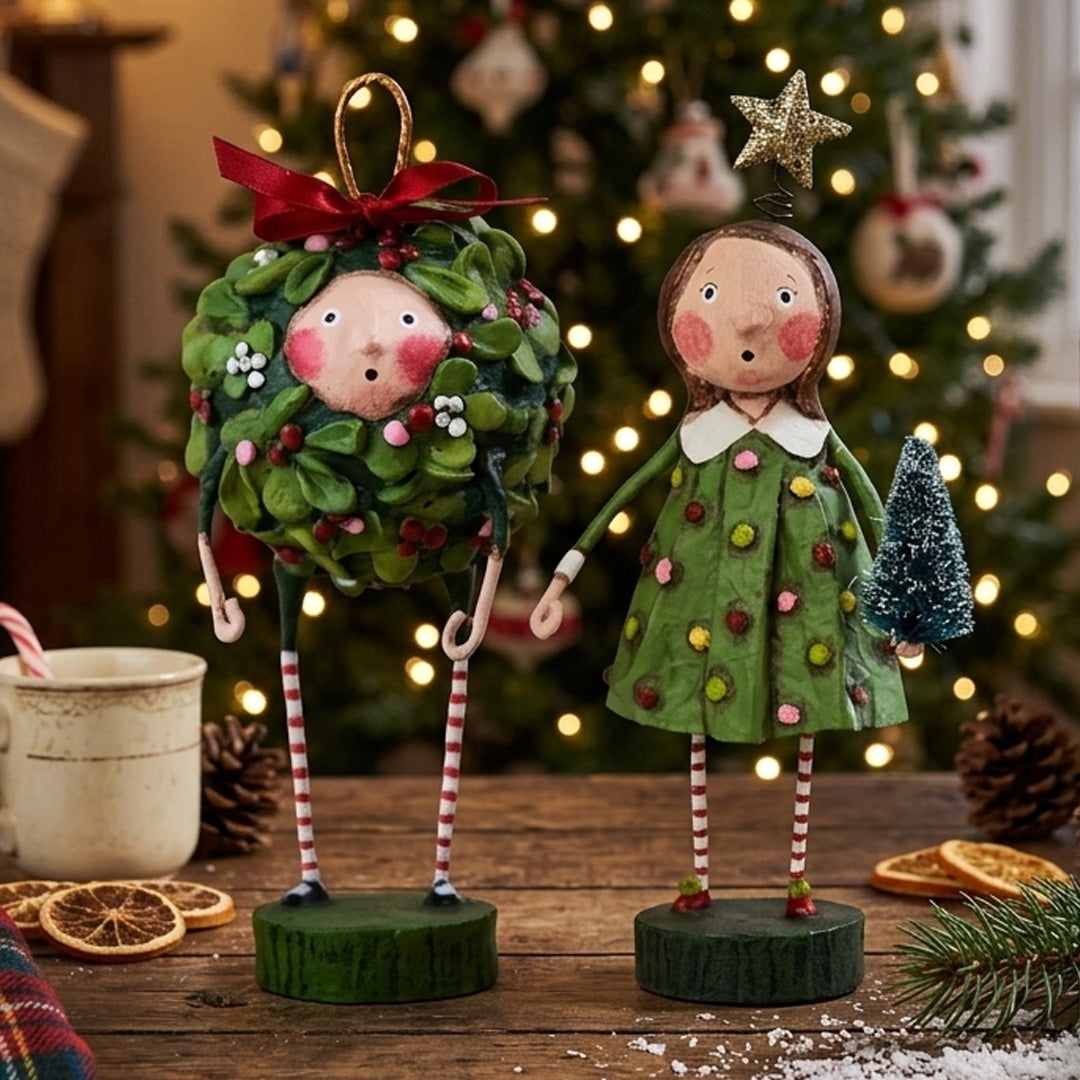 Cuddle Decor Evergreen Christmas Figurine Collectible by Lori Mitchell Set of 2 lifestyle