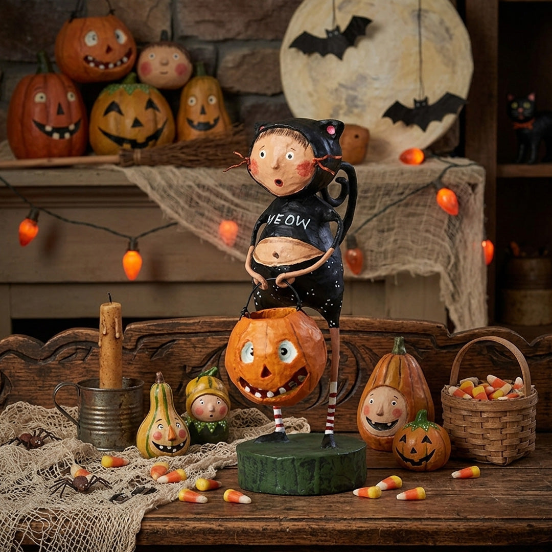 Cuddle Decor Fraidy Cat Halloween Figurine and Collectible by Lori Mitchell lifestyle