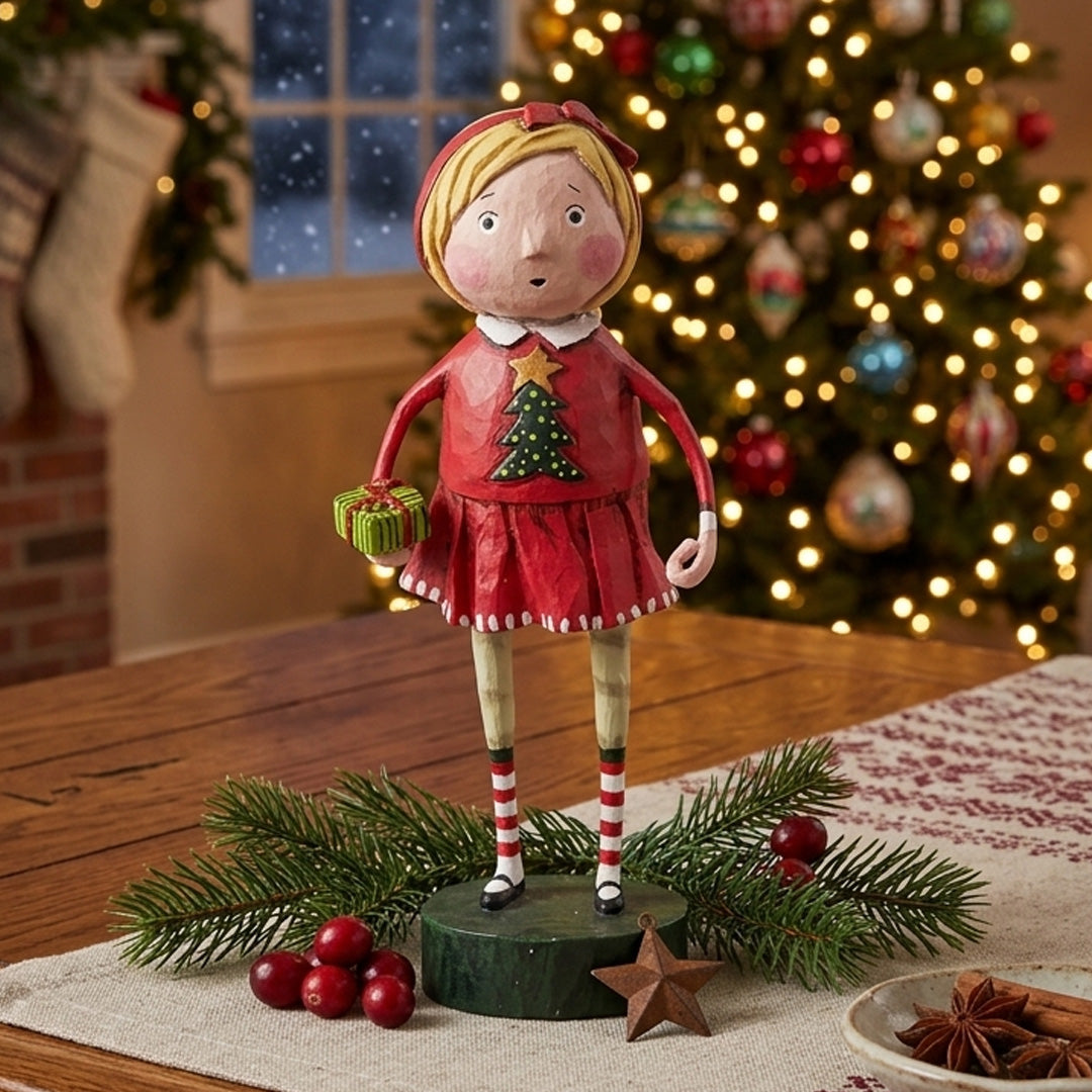 Cuddle Decor Gift Exchange Girl Christmas Figurine and Collectible by Lori Mitchell front lifestyle