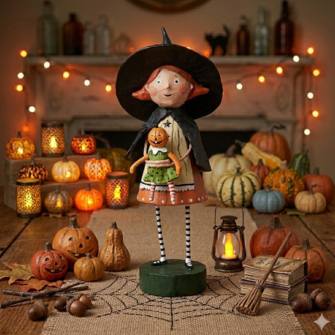 Cuddle Decor Gretta Goodwitch Halloween Figurine and Collectible by Lori Mitchell front lifestyle