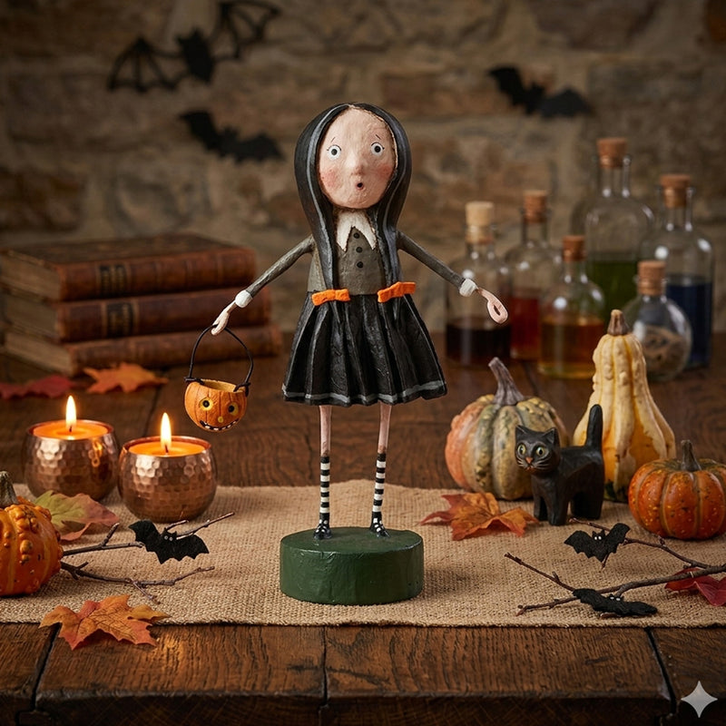 Cuddle Decor Little Goth Girl Halloween Figurine by Lori Mitchell lifestyle