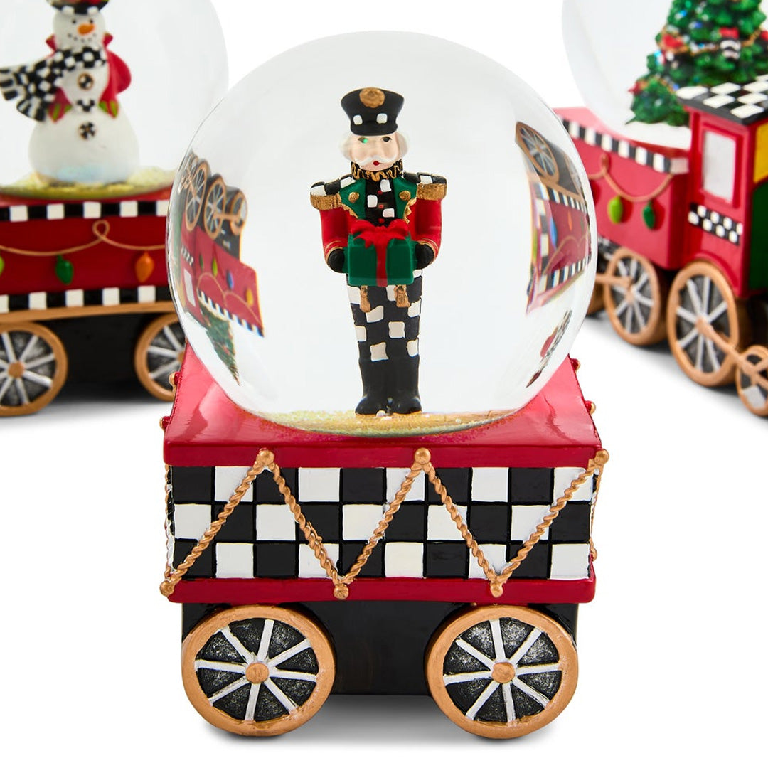 Cuddle Decor MacKenzie Childs Holiday Train Snow Globe - Set of 3 close up