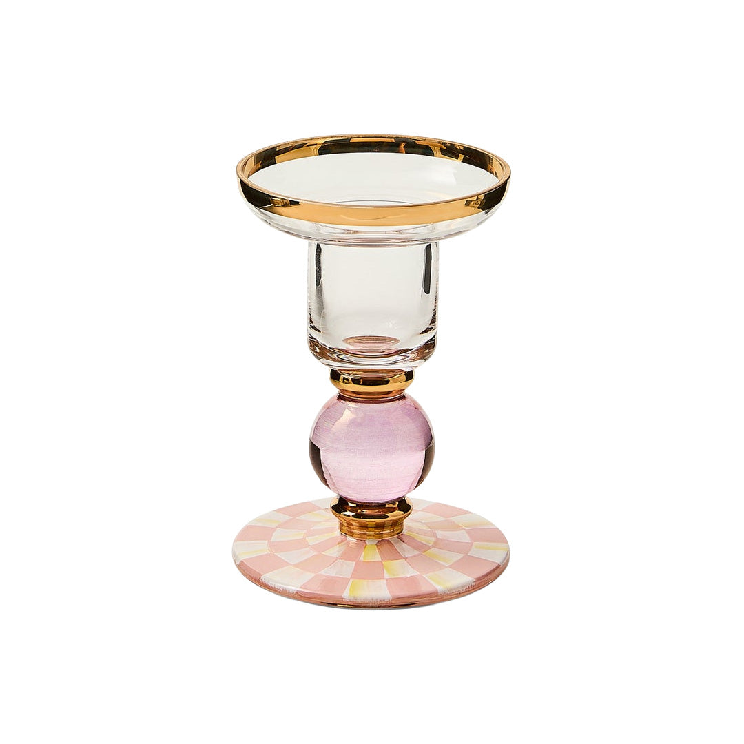 Cuddle Decor MacKenzie Childs Rosy Check Small Glass Candlestick pic1