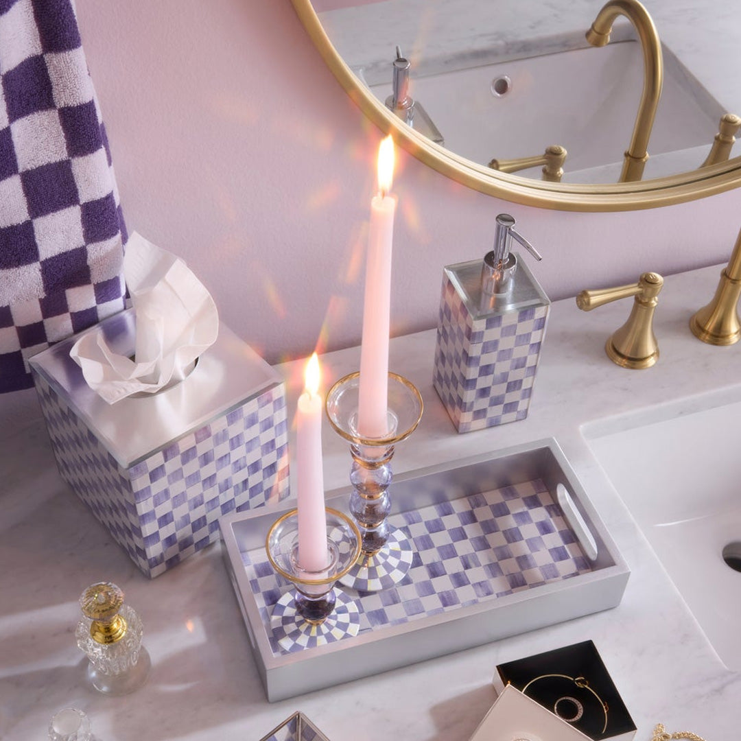 Cuddle Decor MacKenzie Childs Violet Check Large Glass Candlestick pic2