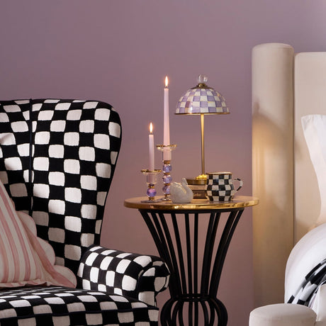 Cuddle Decor MacKenzie Childs Violet Check Large Glass Candlestick pic4