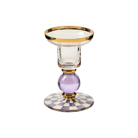Cuddle Decor MacKenzie Childs Violet Check Small Glass Candlestick pic1