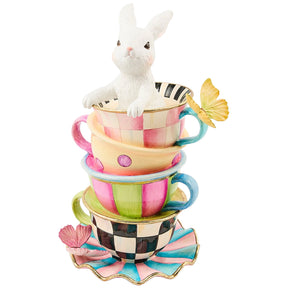 Cuddle decor MacKenzie Childs Frolic Spring Stacked Teacup Bunny front