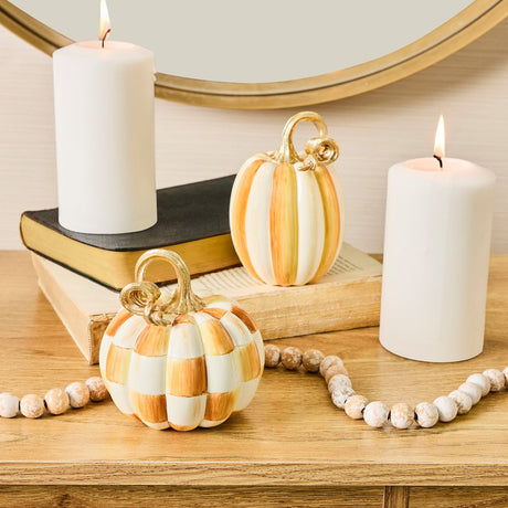 Cuddle Decor Mackenzie Childs Amber Check and Stripe Petite Pumpkins - Set of 2 lifestyle 