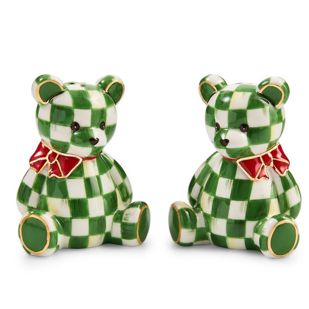 Cuddle Decor Mackenzie Childs Emerald Check Holiday Bear Salt & Pepper - Set of 2 front