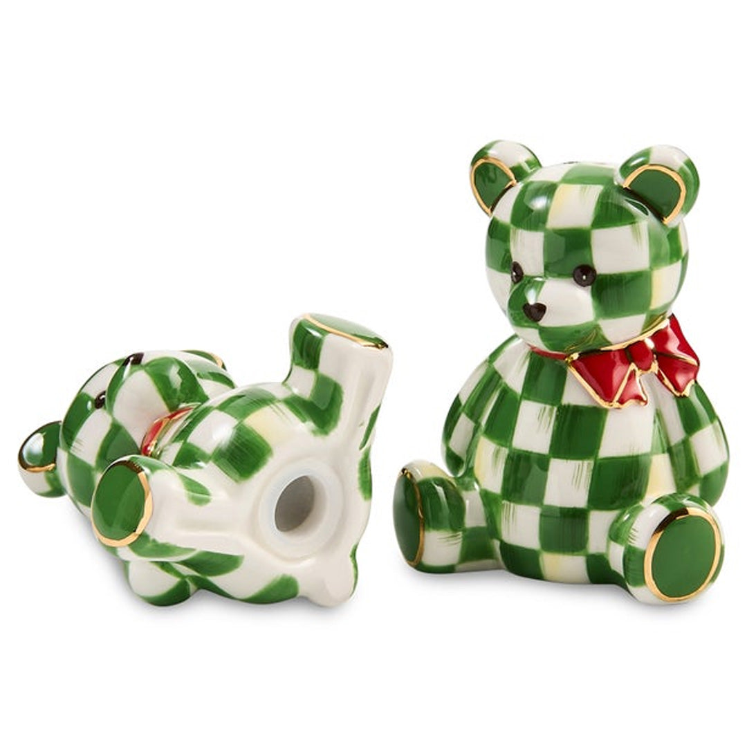 Cuddle Decor Mackenzie Childs Emerald Check Holiday Bear Salt & Pepper - Set of 2 front
