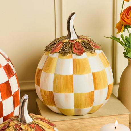 Cuddle Decor Mackenzie Childs Harvest Glow Amber Check Pumpkin 11" lifestyle