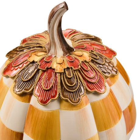 Cuddle Decor Mackenzie Childs Harvest Glow Amber Check Pumpkin 11" close up