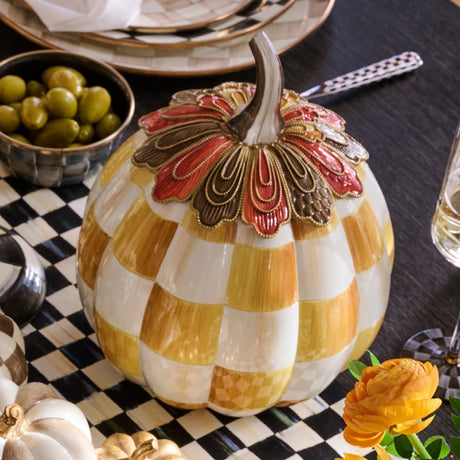Cuddle Decor Mackenzie Childs Harvest Glow Amber Check Pumpkin 11" lifestyle