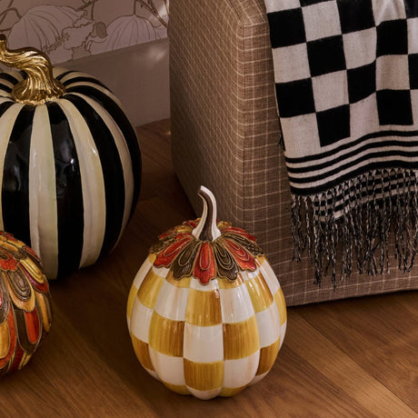 Cuddle Decor Mackenzie Childs Harvest Glow Amber Check Pumpkin 11" lifestyle