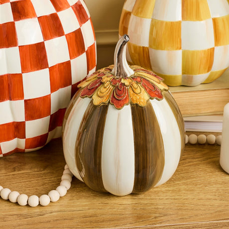 Cuddle Decor Mackenzie Childs Harvest Glow Chocolate Stripe Pumpkin 9" lifestyle