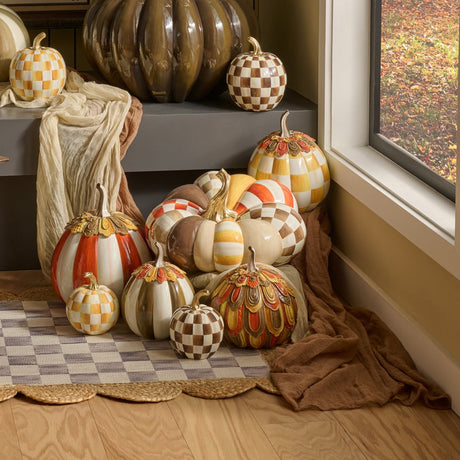 Cuddle Decor Mackenzie Childs Harvest Glow Patchwork Large Pumpkin 16.5" lifestyle