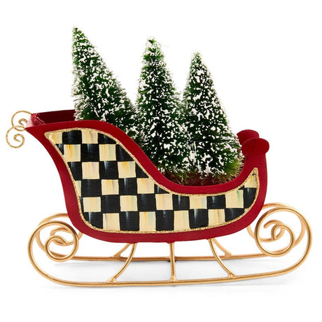 Cuddle Decor Mackenzie Childs Merry Christmas Tin Sleigh with Trees 7.75" front